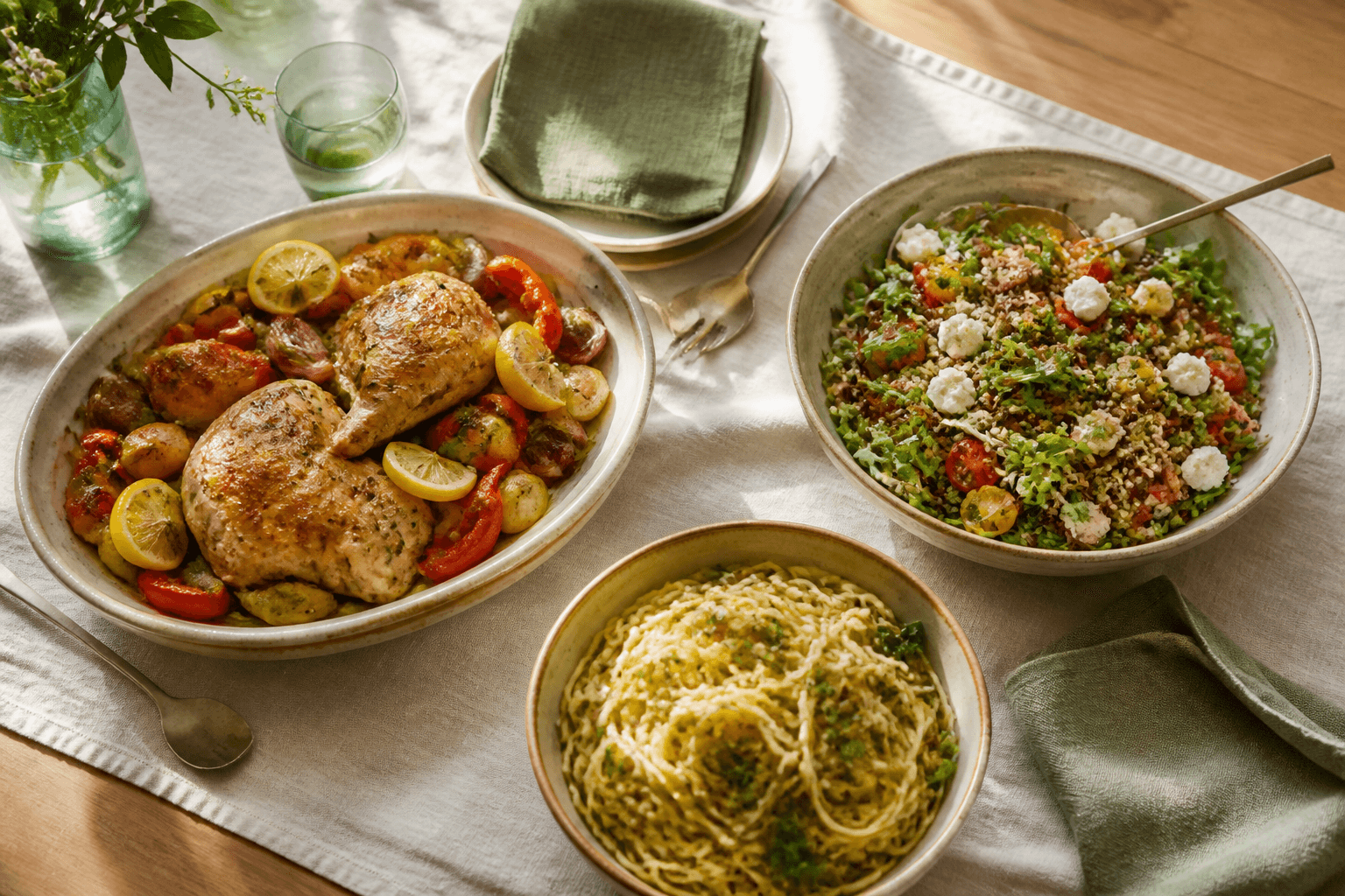 A family-style meal spread with lemon chicken, a grain salad, and pasta.